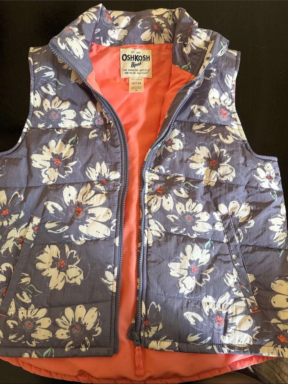 OshKosh B'gosh Navy Floral Quilted Puffer Vest with Coral Lining